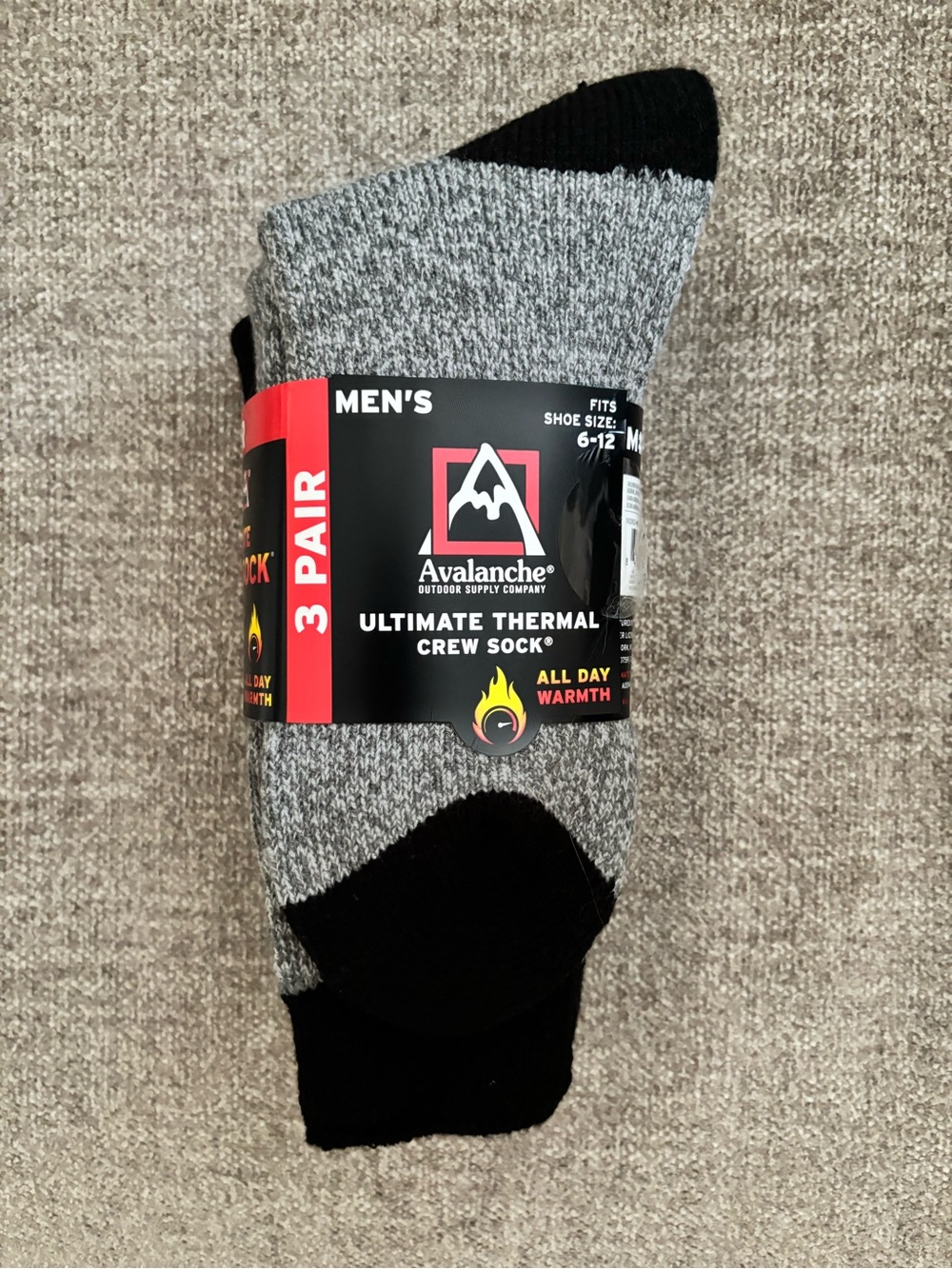 Avalanche Men's Thermal Crew Socks 3 Pack- Gray and Black